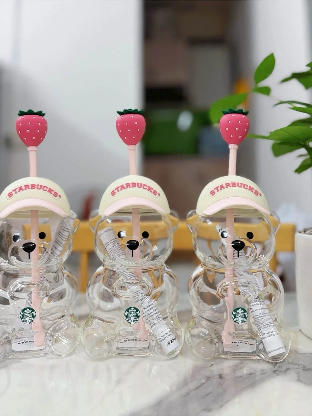 Starbucks Bear Water Bottle with Pink Strawberry Straw